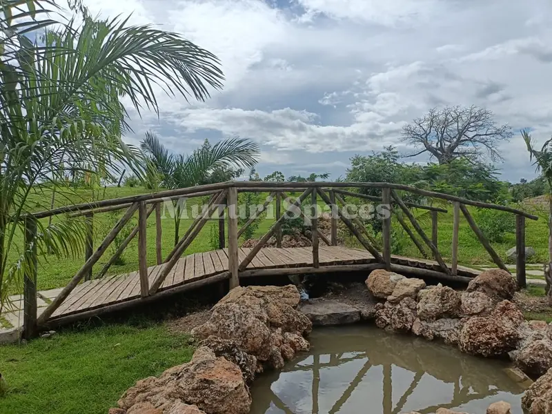 Arched timber bridge over a rock-lined stream, Kilifi park