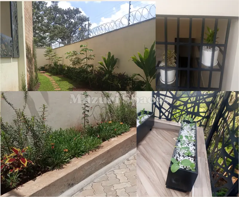 Narrow planted beds along walls and a slatted screen, Runda residence